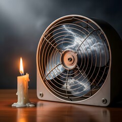 A powerful lightning bolt strikes inside a metal fan with a burning candle placed nearby on a wooden surface, creating a dramatic and energetic scene