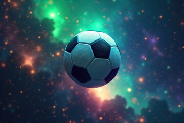 Fototapeta premium Ethereal glowing soccer ball suspended mid air above a vibrant, surreal, deconstructed soccer field with cosmic elements. A photorealistic, vibrant soccer ball suspended in mid air, glowing with an