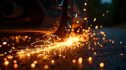Grinding Metal Under Car with Bright Sparks Flying in Dark Environment
