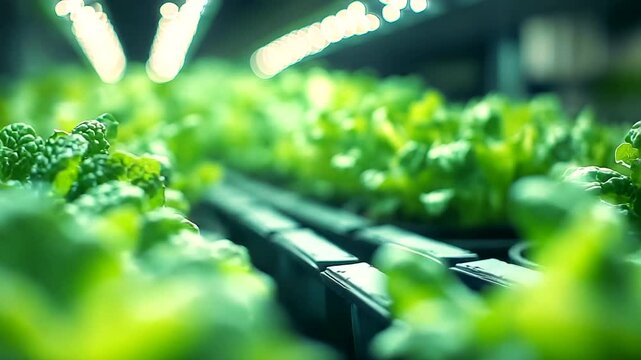 Lush Green Lettuce Growing Under LED Lights Indoors