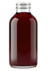 Glass bottle filled with dark red liquid for syrup on a transparent background