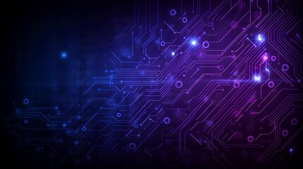 Dynamic digital circuit board pulses with vibrant blue and purple light conveying innovation and high tech data flow for futuristic technology concepts. - Powered by Adobe