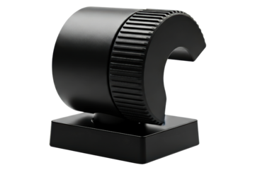 Modern black adjustable desktop stand with a curved holder on a transparent background