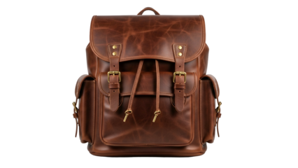 Sturdy brown leather satchel style backpack isolated against a solid black background