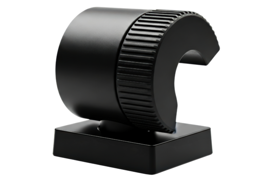 Modern black adjustable desktop stand with a curved holder on a transparent background