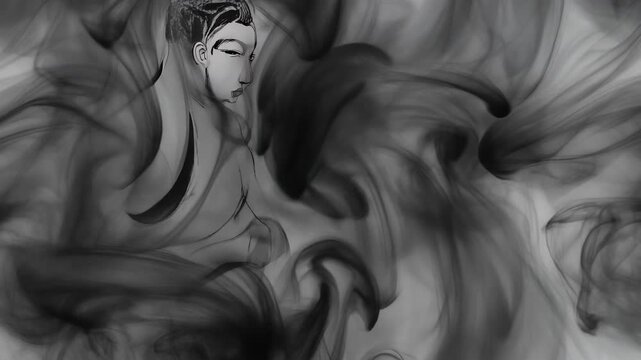  a seamless 4K looping animation of a man immersed in abstract smoky ink shapes