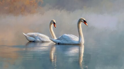 Fototapeta premium Graceful Swans Swimming on Calm Water with Soft Light and Reflection
