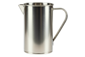 Brushed stainless steel metal pitcher for pouring liquids on a transparent background