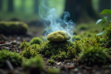 Subtle mineral steam hovering over a tranquil, ancient forest floor with mossy rocks. Subtle, low lying mineral steam hovering over an ancient forest floor with moss covered rocks and decaying logs.
