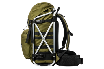 Green outdoor rucksack with multiple straps and pockets on a transparent background