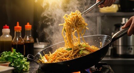 Chef tosses steaming noodles and vegetables in a hot wok during preparation