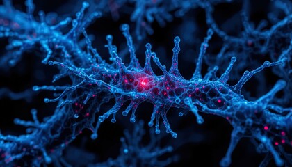 Dynamic blue neuron network with glowing red synapses, perfect for science, medical research, or cutting-edge technology concepts, a vibrant, modern feel