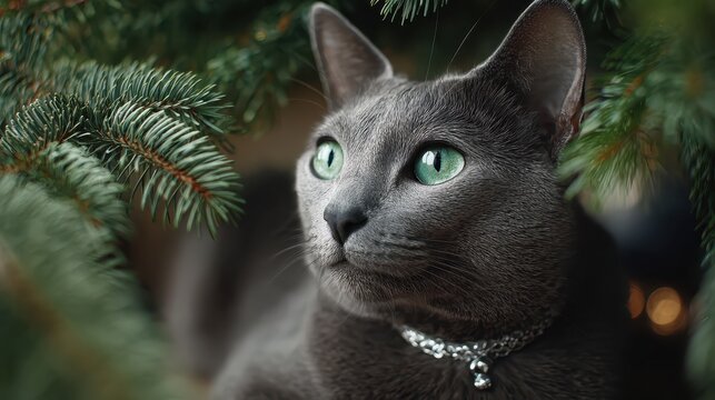 A cat with green eyes is looking up - Powered by Adobe