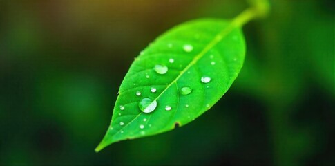A single dewdropped leaf turning towards the sun, a visual representation of energy absorption and growth oriented transformation. Macro photograph of a single, vibrant green leaf with numerous