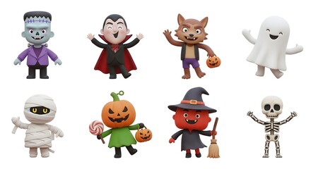 Obraz premium A collection of eight cute 3D cartoon Halloween characters, including a monster, vampire, and ghost, isolated on a white background.