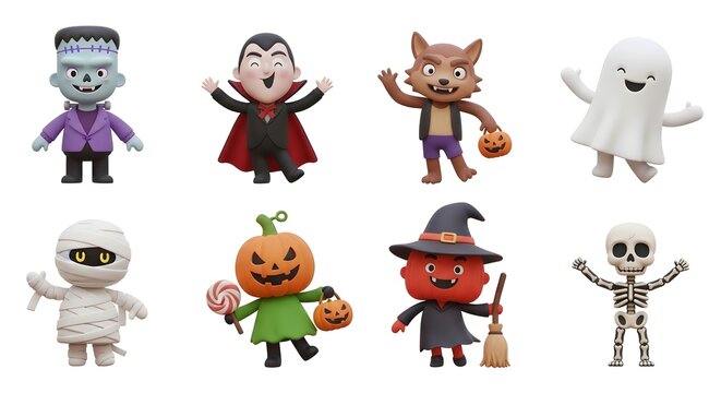 A collection of eight cute 3D cartoon Halloween characters, including a monster, vampire, and ghost, isolated on a white background.