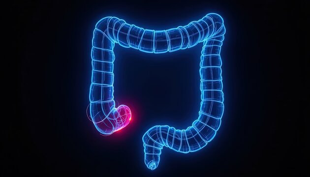 Glowing, modern colon anatomy with inflamed diverticulum for medical illustration or healthcare marketing related to digestive health and bowel disease