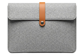 Gray felt the laptop sleeve with a brown leather strap closure on a transparent background