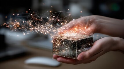 A business professional at a desk interacting with a small holographic AI projection in a modern office setting with soft, realistic lighting.