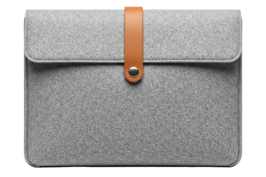 Gray felt the laptop sleeve with a brown leather strap closure on a transparent background