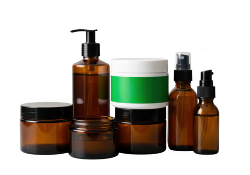 Amber glass skincare bottles and jars grouped for beauty product photography transparent background