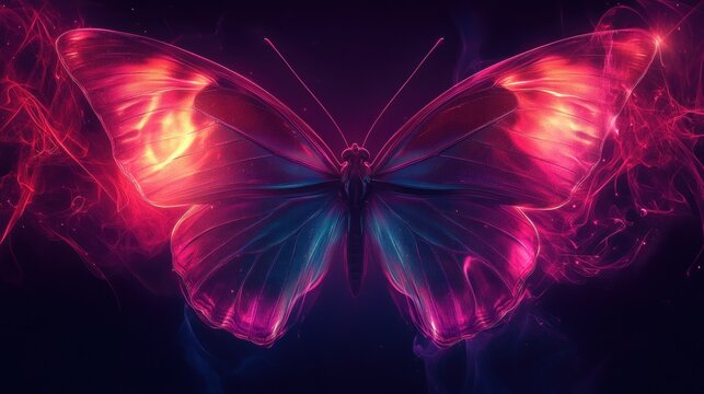 Glowing butterfly, vibrant colors, smoke