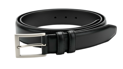 Formal black leather accessory item is looped neatly against a solid dark background