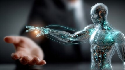 A business professional at a desk interacting with a small holographic AI projection in a modern office setting with soft, realistic lighting.