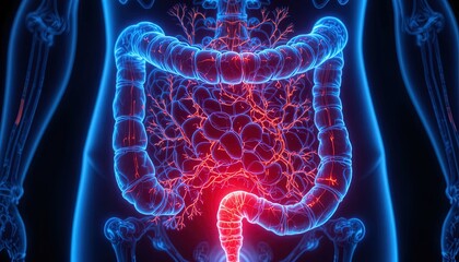 Glowing digestive system visualization for medical research and healthcare awareness campaigns, anatomy illustration highlighting gut health and intestinal tract