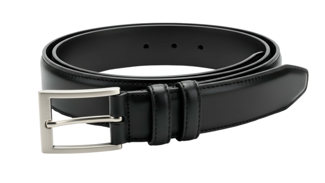 Formal black leather accessory item is looped neatly against a solid dark background