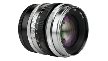 Detailed rendering of a classic camera zoom lens against a dark background
