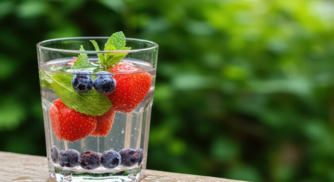 Clear beverage infused with fresh strawberries blueberries and mint rests on a wooden surface outdoors - Powered by Adobe
