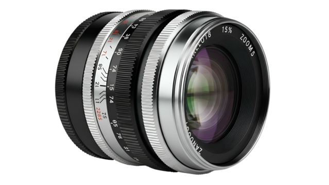 Detailed rendering of a classic camera zoom lens against a dark background