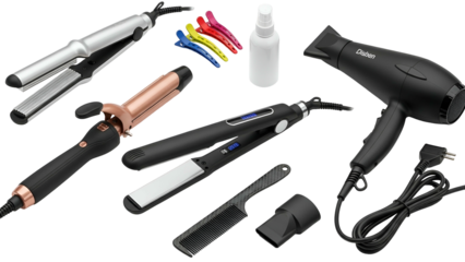 Assortment of electric hair styling tools and accessories displayed against a dark background