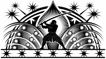 Bold warrior wielding sword amidst starbursts, a powerful silhouette in black