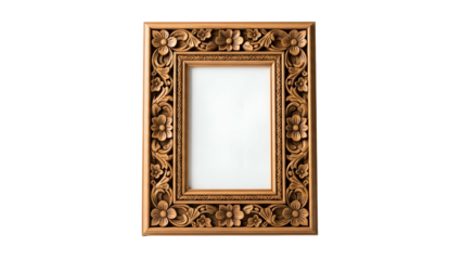 Ornate wooden picture frame features intricate floral carving set against a solid black background