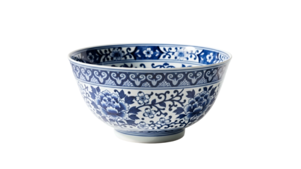 Traditional blue and white porcelain bowl displays intricate floral decoration against a dark background
