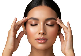Close up portrait of a beautiful woman with eyes closed and hands on temples transparent background