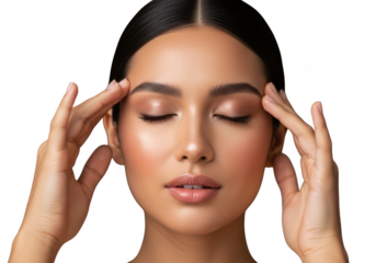 Close up portrait of a beautiful woman with eyes closed and hands on temples transparent background