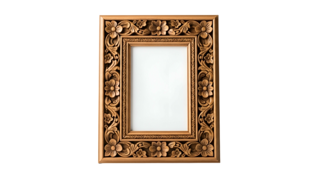 Ornate wooden picture frame features intricate floral carving set against a solid black background