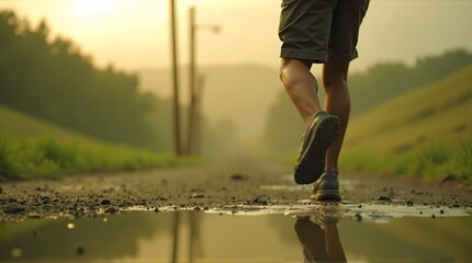 Man running on a rural dirt road with his reflection in a puddle during a hazy sunrise.