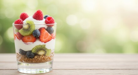Layered fruit and yogurt parfait with granola sits on a wooden surface against a bright outdoor backdrop