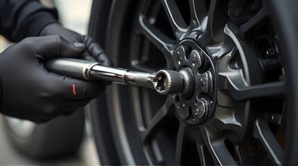 Mechanic Tightening Car Wheel Bolts with Torque Wrench, Black Gloves, Automotive Maintenance