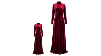 Two sizes of opulent ruby red velvet evening gowns displayed on invisible mannequins against a dark background