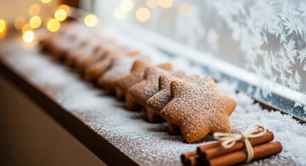Star-shaped gingerbread cookies dusted with powdered sugar are arranged on a wooden surface, surrounded by festive lights, evoking a cozy winter holiday atmosphere