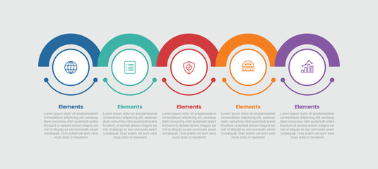 5 elements infographic comparison diagram with big circle with thick half circle on horizontal direction with 5 step for slide presentation