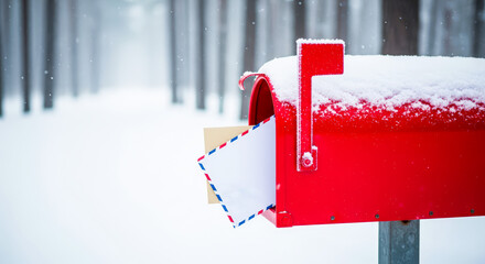 Bright red mailbox partially open with letters peeking out, surrounded by a serene winter landscape, snow-covered trees creating a peaceful holiday atmosphere