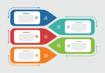 5 elements infographic comparison diagram with round rectangle with arrow shape stacked list opposite direction with 5 step for slide presentation