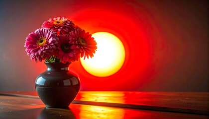 Flowers in Vase with Sunset Background.