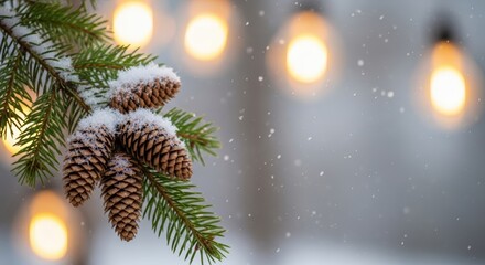 Snow-covered pine cones hang from a branch, surrounded by softly glowing lights in a winter setting, creating a warm and festive atmosphere with seasonal charm